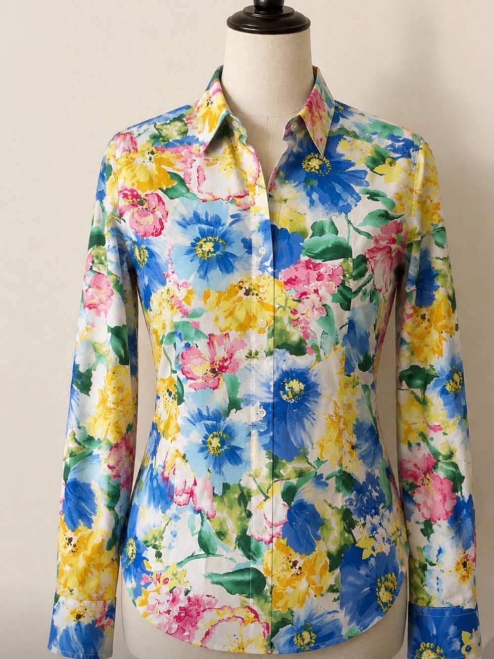 Ralph Lauren White Floral Button-Down Shirt with Blue, Yellow & Pink Blooms